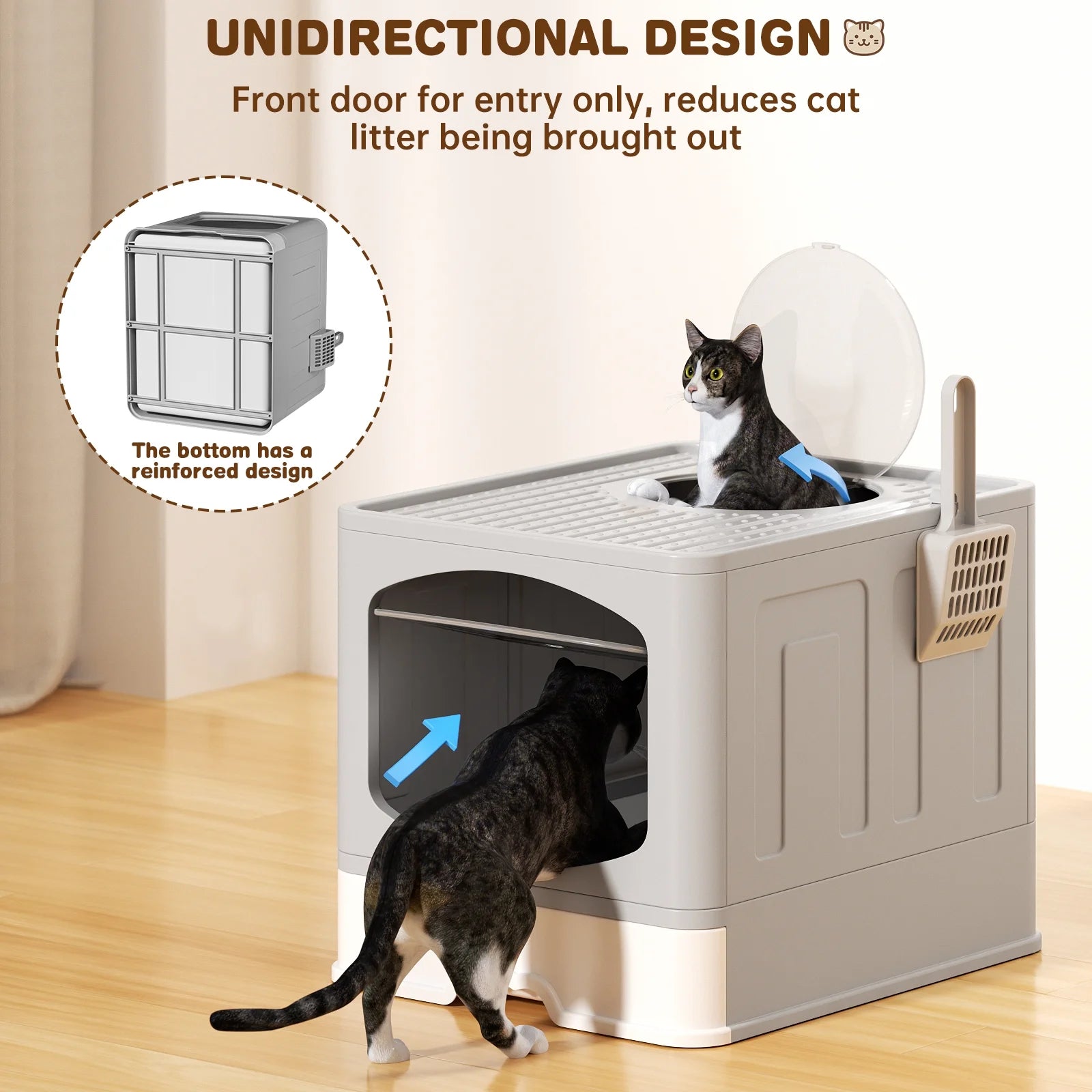 Large Foldable Cat Litter Box with Scoop, Front Entry Top Exit Cat Litter Pan with Lid, Enclosed Anti-Splashing Kitty Litter Box, Drawer Type Cat Litter Easy Cleaning and Scoop, White